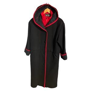 Vintage Herman Kay Black Tartan HOODED Zip Wool Long Coat Size 8